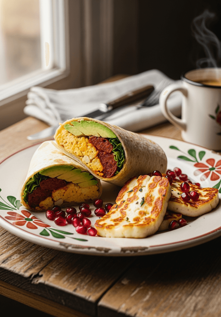 Breakfast burrito et halloumi grillé