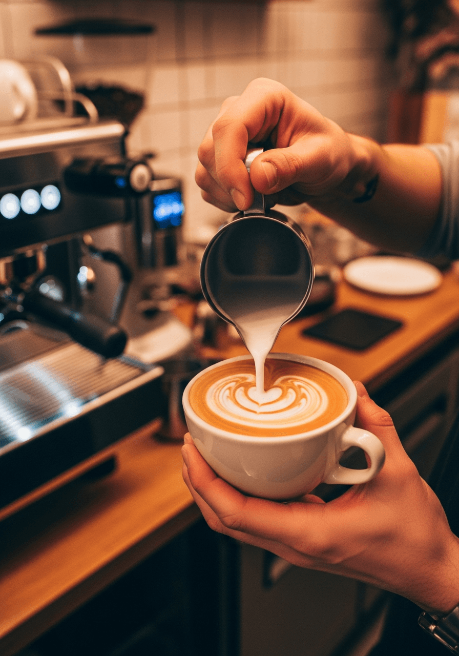 Le lait versé sur un espresso au comptoir