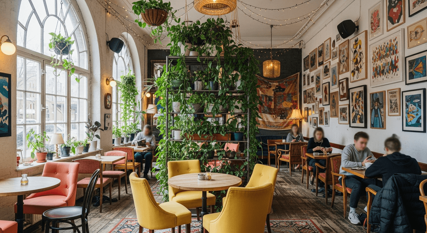 La salle côté fenêtres, plantes et cadres au mur