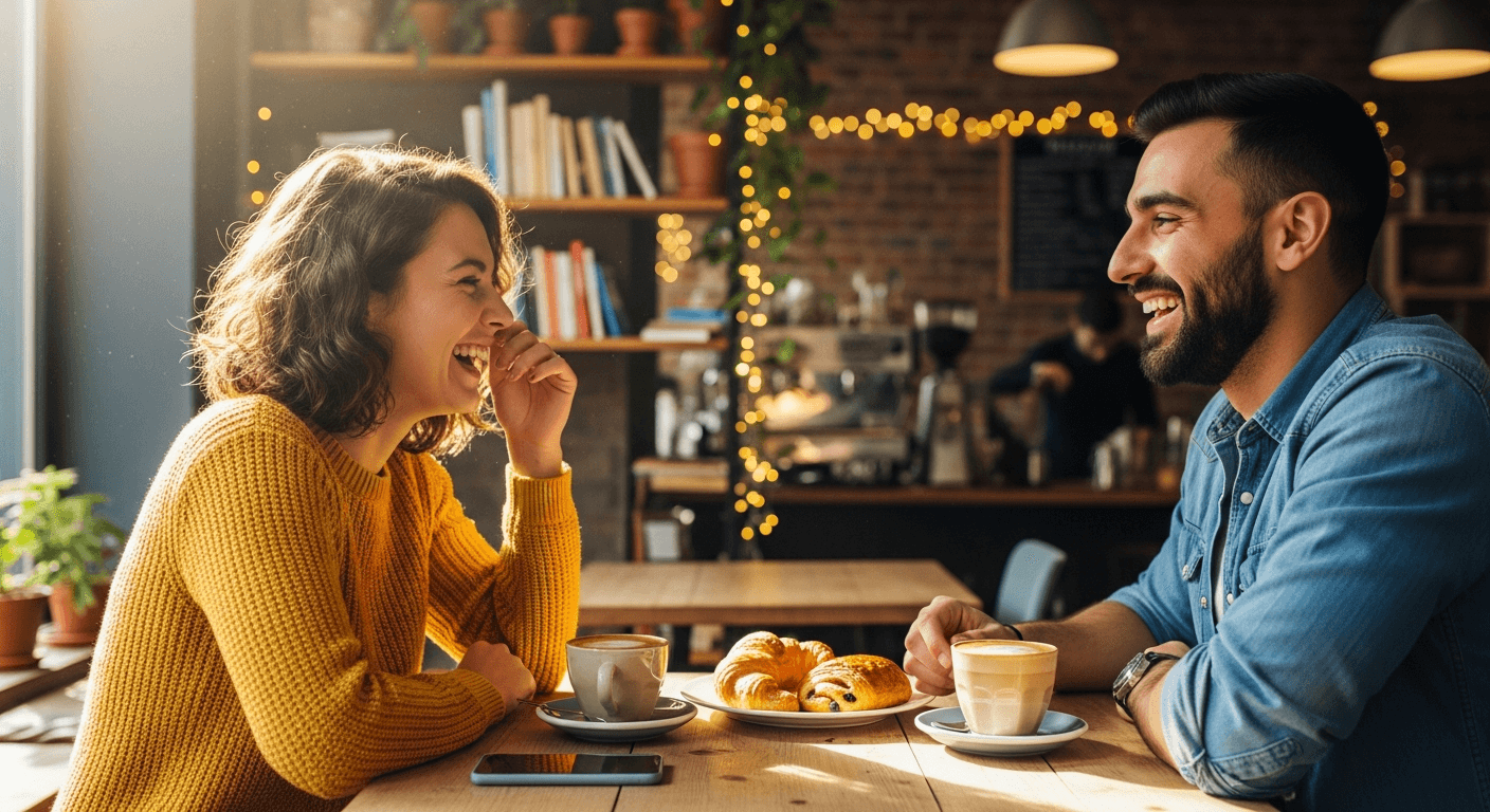 Deux clients qui rient autour d'un café et de viennoiseries