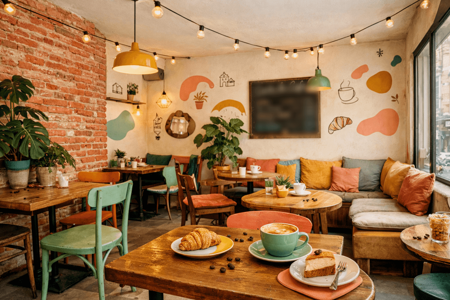 La salle du Farfelu Café, briques, plantes et banquette